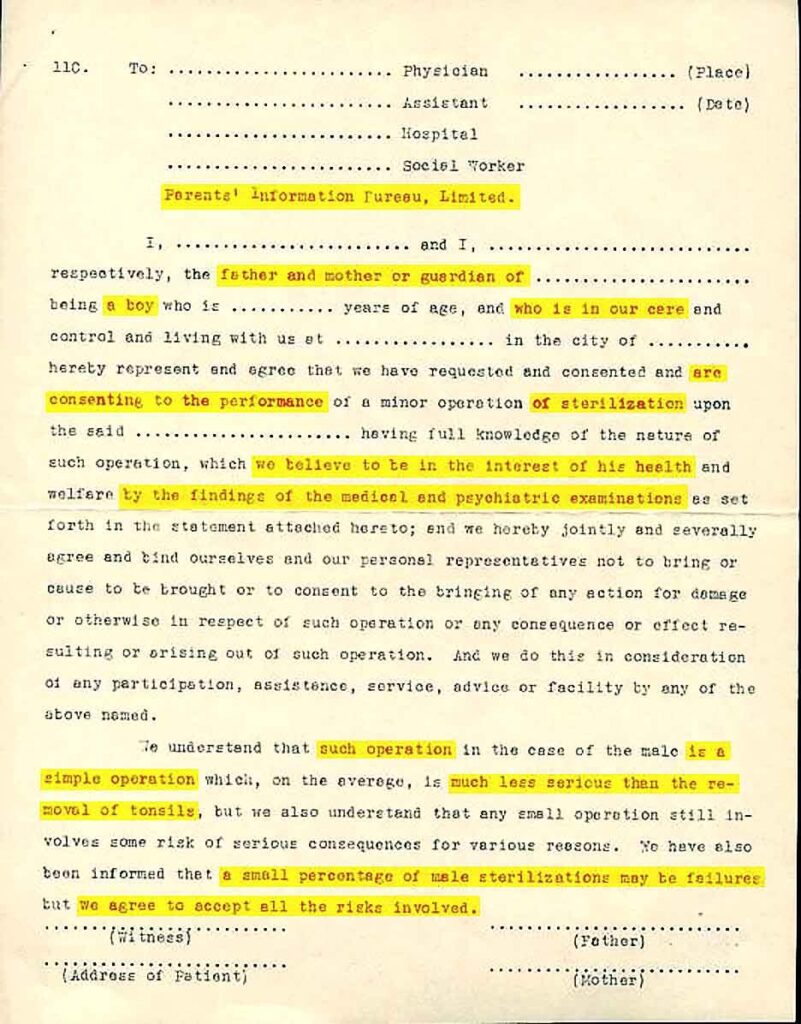 Photo of a historical consent form originally intended to solicit permission from the parents of child workers in A.R. Kaufman's factory regarding sterilization procedures.
