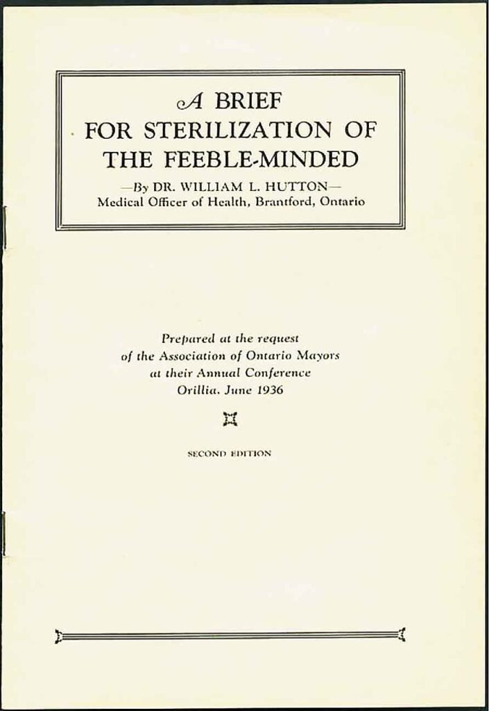 Photo of a historical title page for a piece called "A BRIEF FOR STERILIZATION OF THE FEEBLE-MINDED", published in 1936.