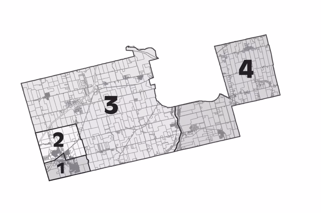 A grayscale map divided into four numbered regions, labeled 1 through 4, with distinct boundaries separating each section.