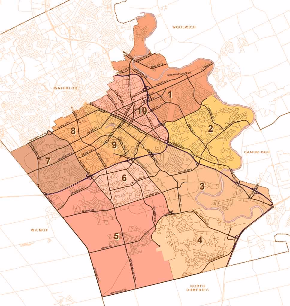 A ward map of the city of Kitchener.